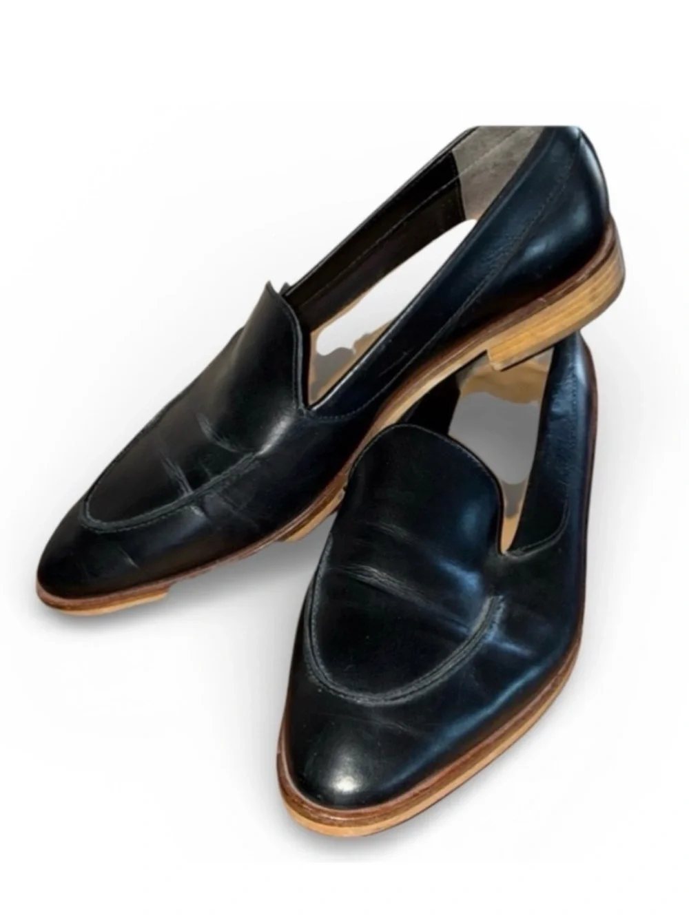 Everlane Italian women 9.5, black leather loafers, stacked leather sole/heel EUC